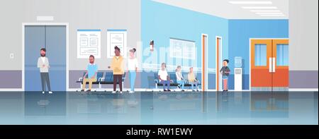 Mix rennen Patienten Warten in Warteschlange Kabinett Beratung und Diagnose healthcare Konzept medizinische Klinik Flur Innenraum zu Arzt horizontal Stock Vektor