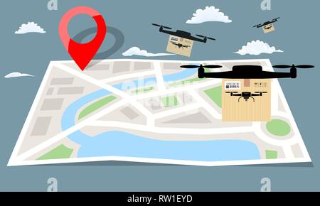 Drone Lieferung mit dem Paket "Fliegen über faltplan Papier. Flache Color Vector Illustration. Stock Vektor