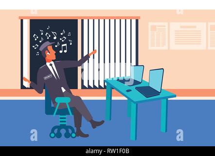 Männliche Wachmann Arbeiter auf der Suche Laptop Bildschirm Musik hören mit Kopfhörern Mann in Uniform sitzen am Arbeitsplatz Schreibtisch überwachung Inneneinrichtung Stock Vektor