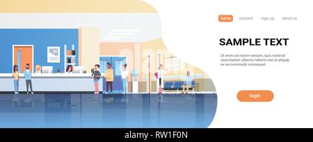 Mix rennen Patienten stehen die Warteschlange am Krankenhaus Rezeption Wartehalle ärzte Beratung im Gesundheitswesen Konzept medizinische Klinik innere voll Stock Vektor