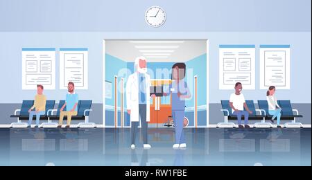 Arzt und Krankenschwester im Krankenhaus Wartehalle Korridor über mix Rennen Patienten Beratung und Diagnose healthcare Konzept moderne Klinik Stock Vektor