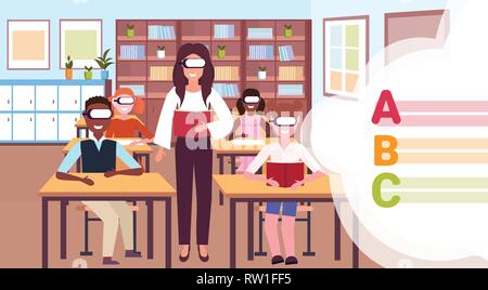 Lehrer und Schüler lesen Buch tragen digital Gläser virtuelle Realität Buchstaben Headset vision Bildung Konzept moderne Schule Klassenzimmer Innenraum Stock Vektor