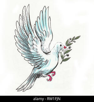 Fliegende Taube des Friedens mit Olive Branch. Tusche und Aquarell Abbildung Stockfoto