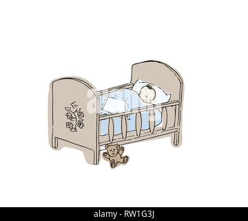 Babybett. Illustration des Neugeborenen-Vektors. Skizze des Kinderbetts für den Jungen Stock Vektor