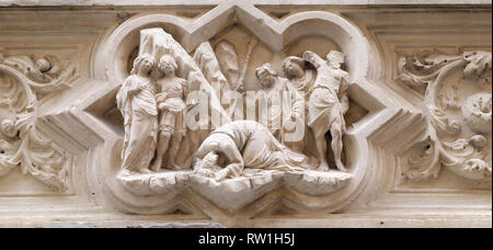 Enthauptung des Hl. Johannes der Täufer, St. Jakobus der Predella, Relief an der Außenwand der Kirche Orsanmichele in Florenz, Toskana, Italien Stockfoto