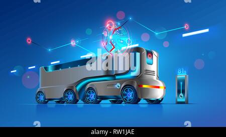 Autonome fahrerlose Fahrzeug folgt der angegebenen Route auf der Karte an. Automation interurban Lieferung Transport. Selbstfahrender Fahrzeuge der Innovation Stock Vektor