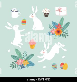 Süße Ostern eingestellt von weissen Hasen, bunte Ostereier, Blätter und Blüten. Grafische Elemente für Frühling Grußkarten, Einladungen. Kaffee und Süßes Stock Vektor