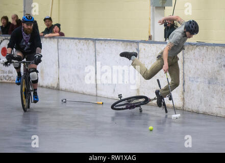 Toronto, Kanada. 3 Mär, 2019. Die Teilnehmer treten während der Großen Seen Winter Classic Bike Polo Turnier in Toronto, Kanada, 3. März 2019. Bike Polo ist ein Team Sport kombiniert die Fähigkeiten des Fahrrad Reiter mit dem Temporeichen Hockey. Credit: Zou Zheng/Xinhua/Alamy leben Nachrichten Stockfoto