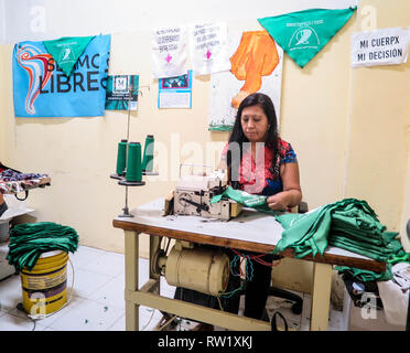 Buenos Aires, Argentinien. 27 Feb, 2019. Ein Arbeiter der Linien der Genossenschaft "estizas', die 'pañuelos Verdes". Die grüne Tücher sind das Erkennungszeichen des argentinischen Kampagne für legale, sichere und kostenlose Abtreibung. (Dpa' Argentiniens Diskussion über Abtreibung: Tücher als Aussage "9 Credit: Linda Peikert/dpa/Alamy leben Nachrichten Stockfoto