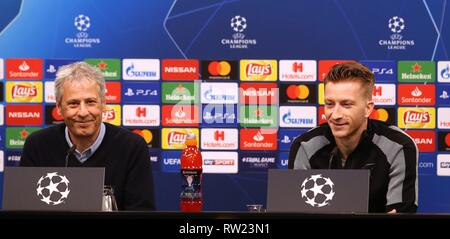 Dortmund, Deutschland. 04 Mär, 2019. firo: 04.03.2019, Fußball, 1.Bundesliga, Saison 2018/2019, CL, UEFA Champions League, Trainer Lucien FAVRE mit Marco Reus | Quelle: dpa/Alamy leben Nachrichten Stockfoto