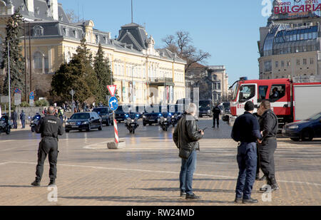 SOFIA, Bulgarien - 04. März, 2019: Der russische Präsident Dmitri Medwedew. Der russische Ministerpräsident Dimitri Medwedew kommt in Bulgarien zu einem zweitägigen Besuch. Stockfoto