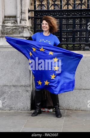 4. Mär 2019. Ein einsamer Demonstrant Holding eine EU-Flagge zeigen gegen Brexit und zugunsten der Europäischen Union, das Parlament, Westminster, London.UK Credit: michael Melia/Alamy leben Nachrichten Stockfoto