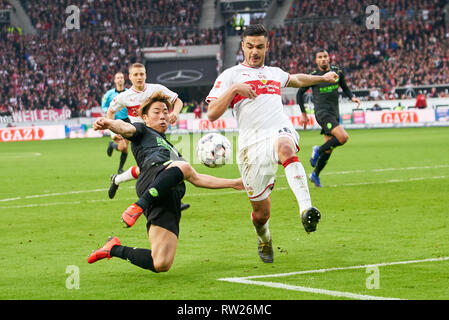 Stuttgart, Deutschland. 3. Mär 2019. Takuma ASANO, H 96 11 konkurrieren um die Kugel, Bekämpfung, Duell, Kopfzeile, Action, Kampf gegen Ozan KABAK, VFB 18 VFB Stuttgart - Hannover 96 5-1 - DFL-Bestimmungen verbieten die Verwendung von Fotografien als BILDSEQUENZEN und/oder quasi-VIDEO - DFL 1. Deutschen Fußball-Bundesliga, Stuttgart, 3. März 2019, Saison 2018/2019, Spieltag 24, H 96 © Peter Schatz/Alamy leben Nachrichten Stockfoto