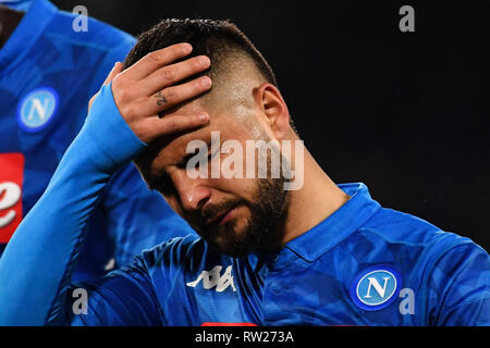 Serie A TIM Fußballspiel im Stadion San Paolo in Neapel statt. Napoli Juventus beendet 1 - 2, die Enttäuschung von Napoli Kapitän Lorenzo Insigne am Ende des Spiels. 03/03/2019, Neapel, Italien Stockfoto