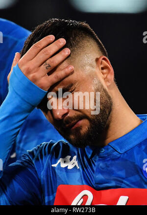 Serie A TIM Fußballspiel im Stadion San Paolo in Neapel statt. Napoli Juventus beendet 1 - 2, die Enttäuschung von Napoli Kapitän Lorenzo Insigne am Ende des Spiels. 03/03/2019, Neapel, Italien Stockfoto