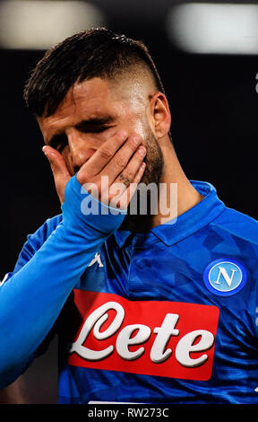 Serie A TIM Fußballspiel im Stadion San Paolo in Neapel statt. Napoli Juventus beendet 1 - 2, die Enttäuschung von Napoli Kapitän Lorenzo Insigne am Ende des Spiels. 03/03/2019, Neapel, Italien Stockfoto