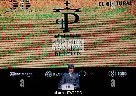 Madrid, Spanien. 04 Mär, 2019. Die stierkämpfer Andres Roca Rey gesehen sprechen und dankte den Preis Quelle: Jesús Hellin/Alamy leben Nachrichten Stockfoto