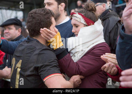 Heidelberg, Deutschland. 02 Mär, 2019. Dritte Match der Rugby Europa Meisterschaft 2019: Germany-Russia am 09.02.2019 in Heidelberg. Morne Laubscher (Deutschland, 21) ist nach der Niederlage getestet. Credit: Jürgen Kessler/dpa/Alamy leben Nachrichten Stockfoto