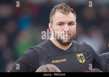 Heidelberg, Deutschland. 02 Mär, 2019. Dritte Match der Rugby Europa Meisterschaft 2019: Germany-Russia am 09.02.2019 in Heidelberg. Julius Nostadt (Deutschland, 17), Portrait. Credit: Jürgen Kessler/dpa/Alamy leben Nachrichten Stockfoto