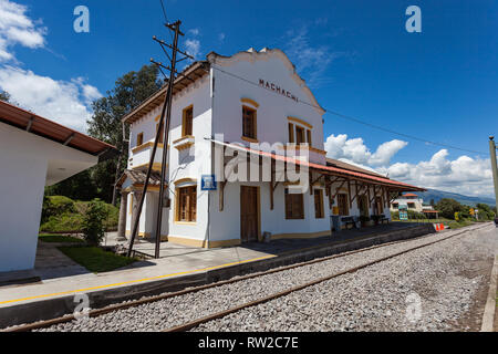 Machachi, Ecuador, 22. Januar 2018: Die machachi Bahnhof erwartet Reisende aus Quito auf einer kurzen Tour organisiert durch die Eisenbahngesellschaft Stockfoto