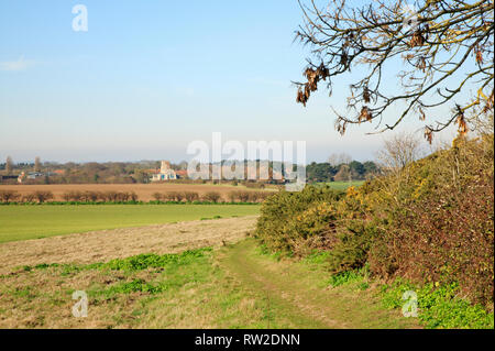 Ein öffentlicher Weg und Rundwanderung mit Blick auf Morston aus dem Tiefen in North Norfolk bei Blakeney, Norfolk, England, Vereinigtes Königreich, Europa. Stockfoto