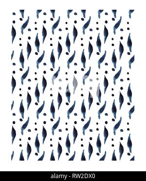 Abstrakte indigo Aquarell nahtlose Muster Hintergrund Farbe pinselstriche Blätter Punkte und Flecken Minimalismus Elemente Nordic oder skandinavischen Design sty Stockfoto