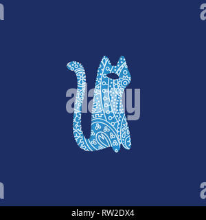 Paisley Muster abstrakte Katze in blau lackiert isoliert auf blauem Hintergrund Nordic design Stil minimal Tier sitzen Inder hand made Style illustratio Stockfoto