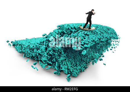 Big Data driving Konzept. Surfen business Mann, Dollar bill Surfbrett auf einem tsunami Welle von Computerdaten, riesige Menge von Zahlen und Buchstaben, ist Stockfoto
