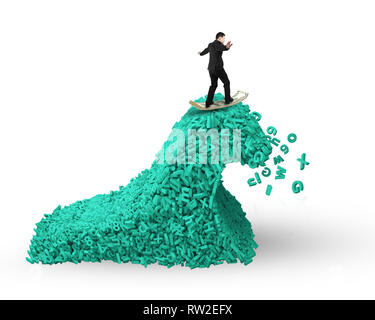 Big Data driving Konzept. Surfen business Mann, Dollar bill Surfbrett auf einem tsunami Welle von Computerdaten, riesige Menge von Zahlen und Buchstaben, si Stockfoto