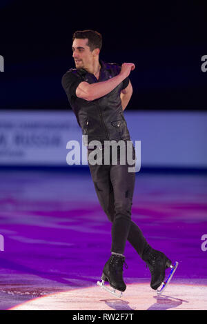 Javier Fernandez aus Spanien führt seine Ausstellung Programm während der 2018 europäischen Meisterschaften Stockfoto