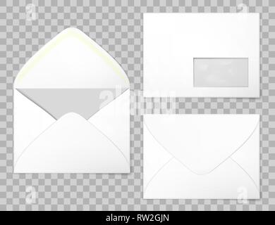 Leere Umschläge in 3 Ansichten, Rückseite und Vorderseite geschlossen und geöffnet. Foto-realistische Vector Illustration. Stock Vektor
