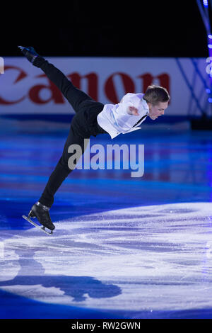 Michail Kolyada aus Russland führt seine Ausstellung Programm während der Welt 2018 Eiskunstlauf-WM in Mailand, Italien Stockfoto