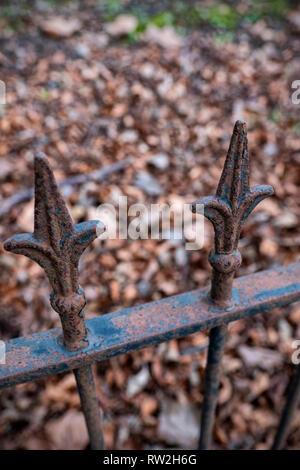 Nahaufnahme von einem rostigen gespickten Zaun Stockfoto