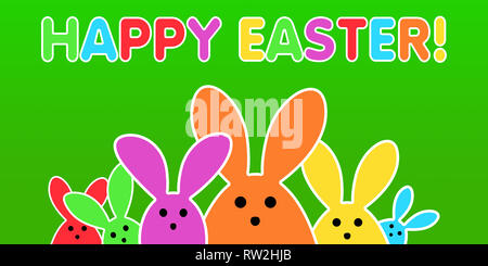 Bunte Osterhasen als Illustration auf grünem Hintergrund. Ostern Hintergrund für die bunte Osterzeit. Stockfoto