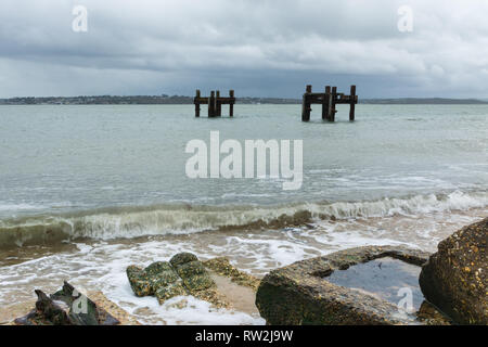 Die Reste von Strukturen aufgerufen, die Delphine im Meer weg von Lepe Strand, Teil der pierhead auf D-Tag im 2. Weltkrieg, Hampshire, Großbritannien Stockfoto