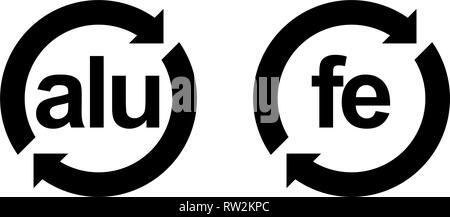 Recycelbarem Aluminium (Alu) und Stahl (Fe) unterzeichnen. Schwarze Buchstaben im Kreis mit Pfeilen. Stock Vektor