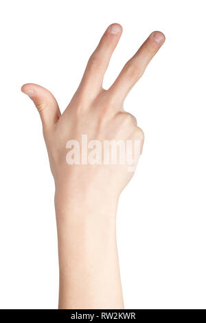 Kaukasische Hand tun Britische Zeichensprache zeigen das Symbol für 8. Stockfoto