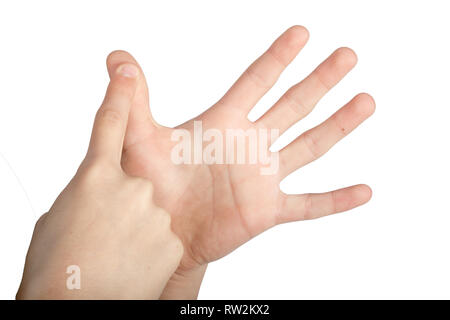 Kaukasische Hand tun British Sign Language zeigt das Symbol für einen Stockfoto