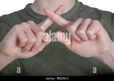 Kaukasische Hand tun Britische Zeichensprache zeigen das Symbol für X Stockfoto
