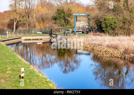 Fluss Nene am Weißen Mühlen Marina auf einem sonnigen klaren Tag mit viel narrowboats in der Marina vor Anker. Stockfoto