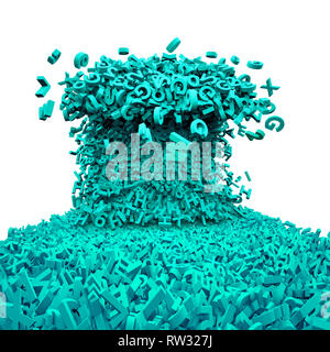 Grosse Daten Konzept. Große Welle von großen grünen Buchstaben und Zahlen bilden eine Straße, Vorderansicht, auf weißem Hintergrund. 3D-Darstellung. Stockfoto
