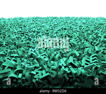 Grosse Daten Konzept, große Menge an grünen Buchstaben und Zahlen auf weissem Hintergrund, 3D-Illustration isoliert. Stockfoto