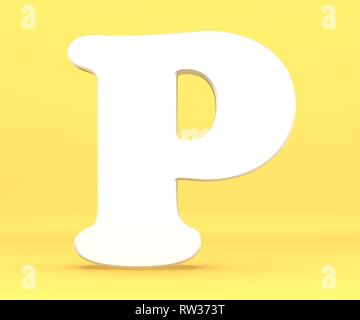 3D Rendering Illustration. White Paper schreiben Alphabet Buchstaben P Font. Vorderansicht Hauptstadt Symbol auf blauem Hintergrund. Stockfoto