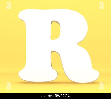 3D Rendering Illustration. White Paper schreiben Alphabet Charakter R Font. Vorderansicht Hauptstadt Symbol auf blauem Hintergrund. Stockfoto