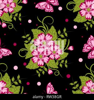 Nahtlose Muster mit schönen Blumen und Schmetterlinge. Vector Illustration Stock Vektor