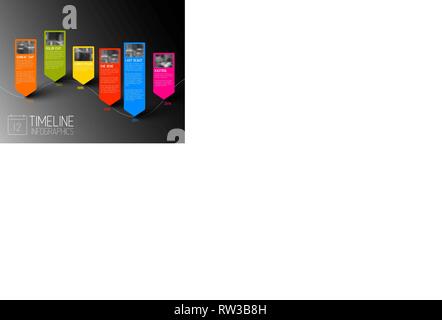 Vektor bunte Infografik typografischen timeline Berichtvorlage mit die größten Meilensteine, Fotos, Jahre und Beschreibung - dunkle Version Stock Vektor