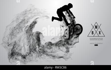 Abstrakte Silhouette einer bmx Reiter auf dem weißen Hintergrund von Partikeln, Staub. Bmx-Fahrer springt und führt den Trick. Stock Vektor