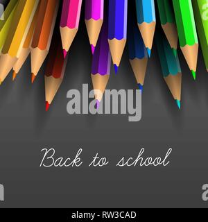 Vektor Schule Poster - bunte Wachsmalkreiden auf dunklem Hintergrund und Schrift Zurück zur Schule Stock Vektor