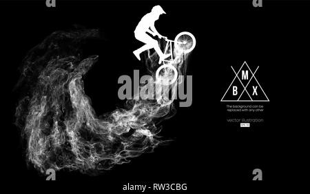 Abstrakte Silhouette eines BMX-rider auf der dunklen, schwarzen Hintergrund von Partikeln ist. Bmx-Fahrer springt und führt den Trick. Stock Vektor