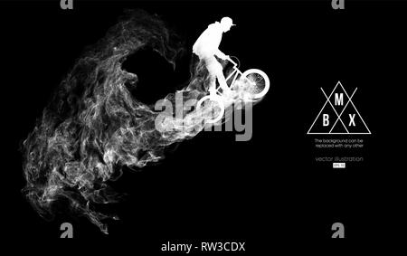 Abstrakte Silhouette eines BMX-rider auf der dunklen, schwarzen Hintergrund von Partikeln ist. Bmx-Fahrer springt und führt den Trick. Stock Vektor
